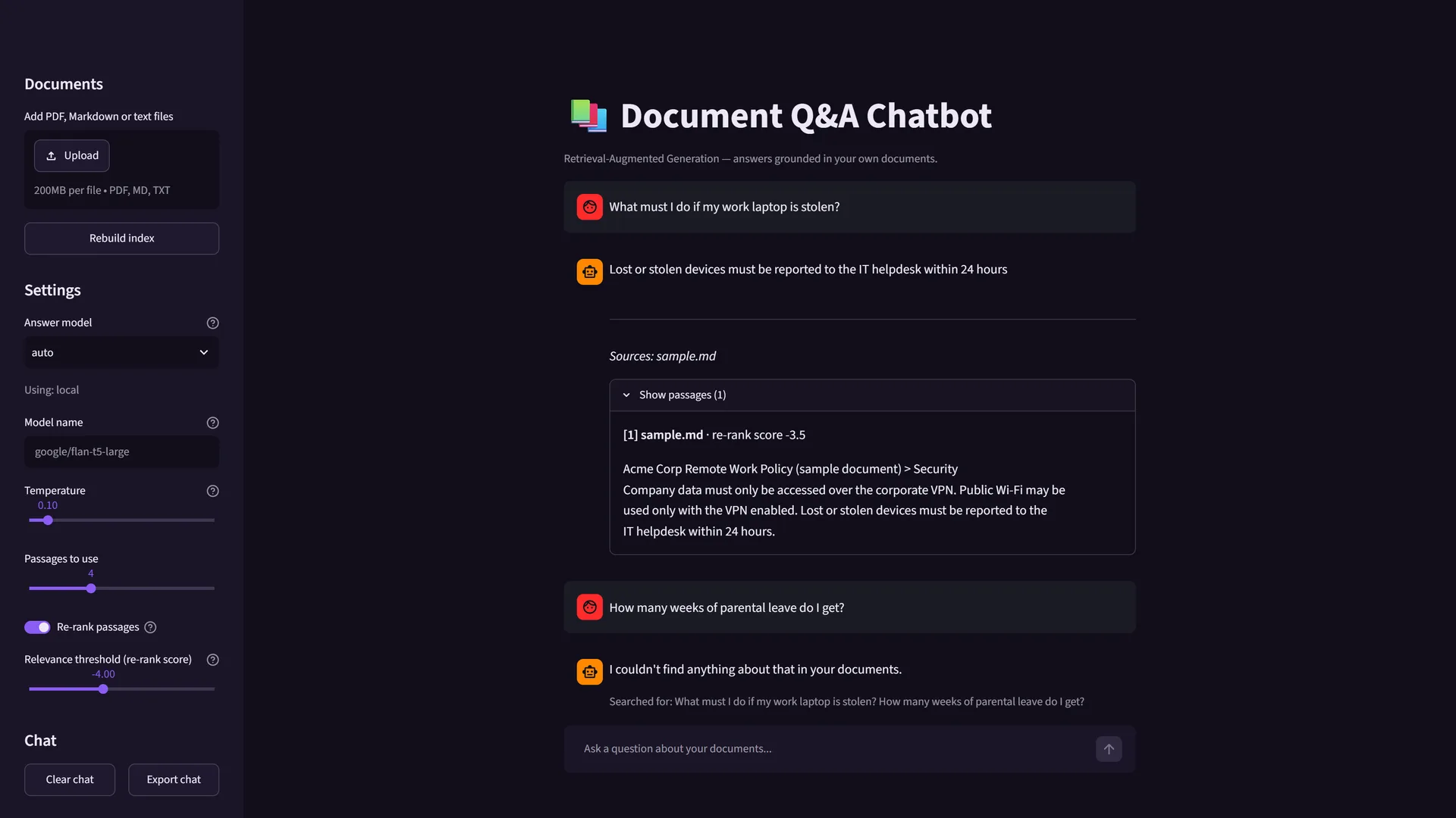 The Document Q&A Chatbot web app. Asked what to do if a work laptop is stolen, it answers that lost or stolen devices must be reported to the IT helpdesk within 24 hours and shows the source passage from sample.md. Asked how many weeks of parental leave, it replies that it couldn't find anything about that in the documents. The sidebar holds upload, rebuild index, answer model, temperature, passages and relevance threshold settings.